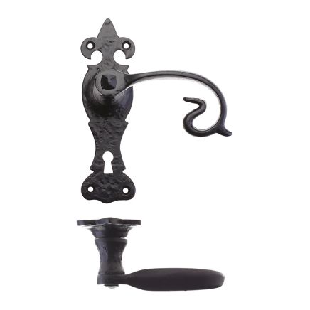 Zoo Hardware Scroll Lever on Fleur De Lys Backplate - 6" - Lock - Black