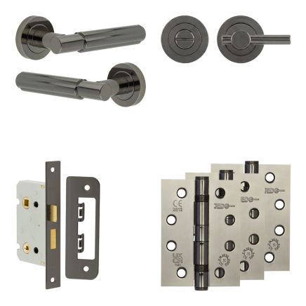 Complete Bloom Door Handle Pack - Bathroom Lock (Plain Thumb Turn) - Black Nickel - 65mm / 4-inch Hinges - JE-B5A2-BN