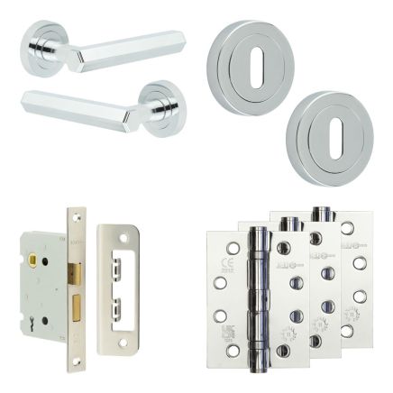 Complete Hex Door Handle Pack - Sashlock - Polished Chrome - 76mm / 4-inch Hinges - JE-C8A8-PC