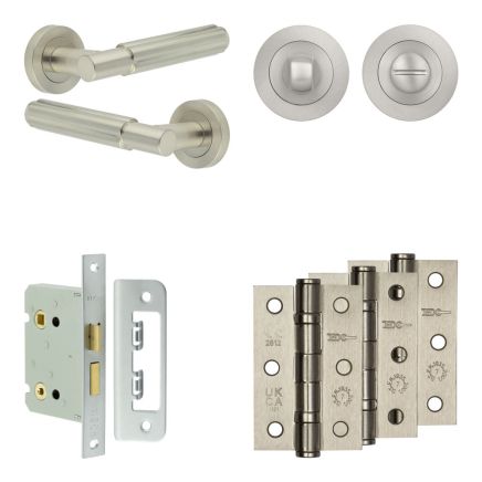 Complete Bloom Door Handle Pack - Bathroom Lock (Standard Thumb Turn) - Satin Nickel - 76mm / 3-inch Hinges - JE-B6B3-SN