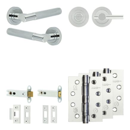 Complete Bari Door Handle Pack - Heavy Duty Tubular Bathroom (Plain Thumb Turn) - Polished Chrome - 102mm / 4-inch Hinges - JE-D32A2-PC