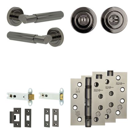 Complete Bloom Door Handle Pack - Heavy Duty Tubular Bathroom (Standard Thumb Turn) - Black Nickel - 102mm / 4-inch Hinges - JE-B32A3-BN