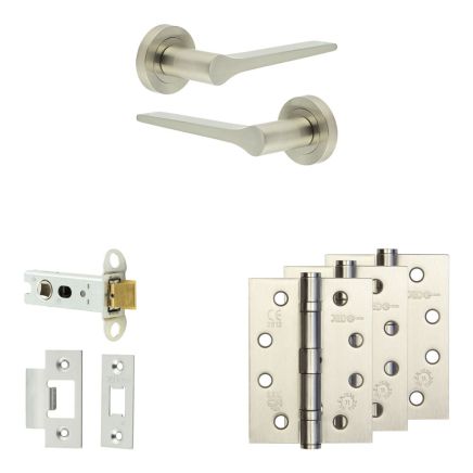 Complete Gio Door Handle Pack - Heavy Duty Latch - Satin Nickel - 76mm / 4-inch Hinges - JE-E21A-SN