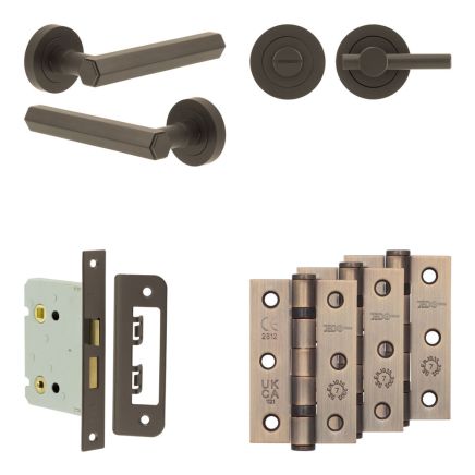 Complete Hex Door Handle Pack - Bathroom Lock (Plain Thumb Turn) - Dark Bronze - 76mm / 3-inch Hinges - JE-C6B2-DB
