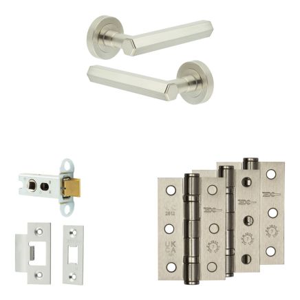 Complete Hex Door Handle Pack - Heavy Duty Latch - Satin Nickel - 64mm / 3-inch Hinges - JE-C20B-SN