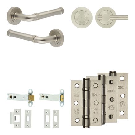 Complete Midtown Door Handle Pack - Heavy Duty Tubular Bathroom (Knurled Thumb Turn) - Satin Nickel - 102mm / 3-inch Hinges - JE-G32B1-SN