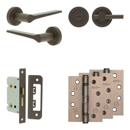 Complete Gio Door Handle Pack - Bathroom Lock (Plain Thumb Turn) - Dark Bronze - 65mm / 4-inch Hinges - JE-E5A2-DB