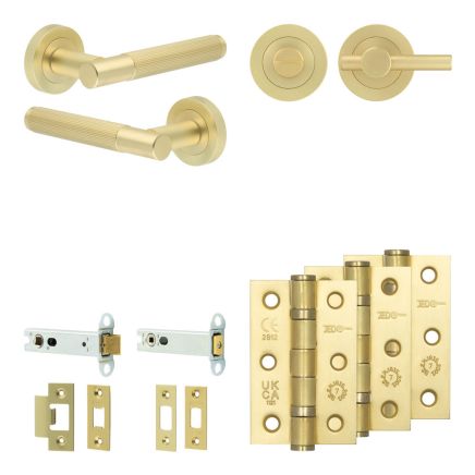Complete Venice Door Handle Pack - Heavy Duty Tubular Bathroom (Plain Thumb Turn) - Satin Brass - 102mm / 3-inch Hinges - JE-F32B2-SB