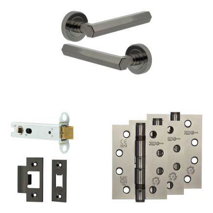 Complete Hex Door Handle Pack - Heavy Duty Latch - Black Nickel - 102mm / 4-inch Hinges - JE-C22A-BN