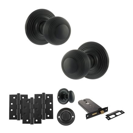 Old English Ripon Door Knob Pack (Lock Set - Horizontal Bathlock, 4" Fire Rated Hinges x3) - Matt Black