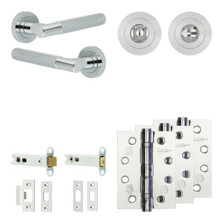 Complete Bari Door Handle Pack - Heavy Duty Tubular Bathroom (Standard Thumb Turn) - Polished Chrome - 102mm / 4-inch Hinges - JE-D32A3-PC