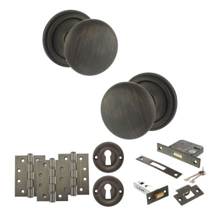 Old English Harrogate Door Knob Pack (Lock Set - 3" Latch & Deadlock, 4" Fire Rated Hinges x3) - Urban Bronze