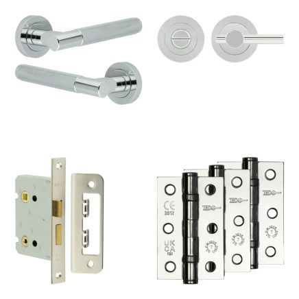 Complete Bari Door Handle Pack - Bathroom Lock (Plain Thumb Turn) - Polished Chrome - 76mm / 3-inch Hinges - JE-D6B2-PC