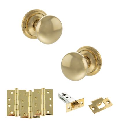 Old English Harrogate Door Knob Pack (Latch Set - 3" HD Latch, 4" Fire Rated Hinges x3) - Raw Brass