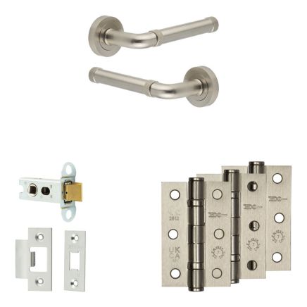 Complete Midtown Door Handle Pack - Heavy Duty Latch - Satin Nickel - 64mm / 3-inch Hinges - JE-G20B-SN