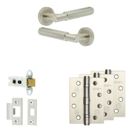 Complete Bloom Door Handle Pack - Heavy Duty Latch - Satin Nickel - 64mm / 4-inch Hinges - JE-B20A-SN