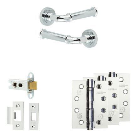 Complete Classic Door Handle Pack - Heavy Duty Latch - Polished Chrome - 64mm / 4-inch Hinges - JE-A20A-PC