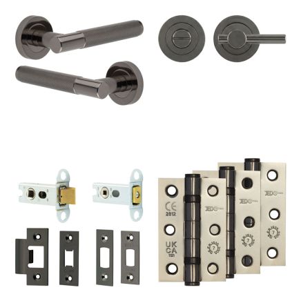 Complete Bari Door Handle Pack - Heavy Duty Tubular Bathroom (Plain Thumb Turn) - Black Nickel - 64mm / 3-inch Hinges - JE-D30B2-BN