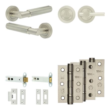 Complete Bloom Door Handle Pack - Heavy Duty Tubular Bathroom (Plain Thumb Turn) - Satin Nickel - 102mm / 3-inch Hinges - JE-B32B2-SN
