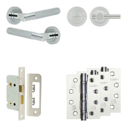 Complete Bari Door Handle Pack - Bathroom Lock (Knurled Thumb Turn) - Polished Chrome - 65mm / 4-inch Hinges - JE-D5A1-PC