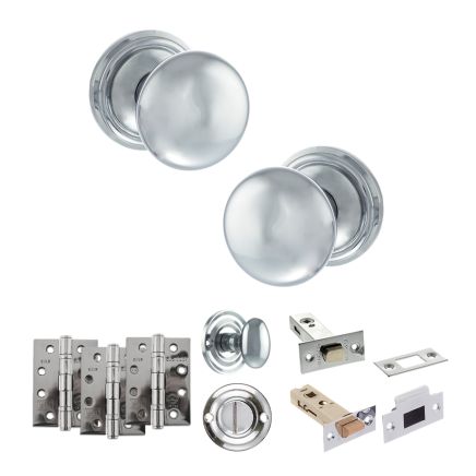 Old English Harrogate Door Knob Pack (Bathroom Set - 3" Deadbolt, 4" Fire Rated Hinges x3) - Polished Chrome