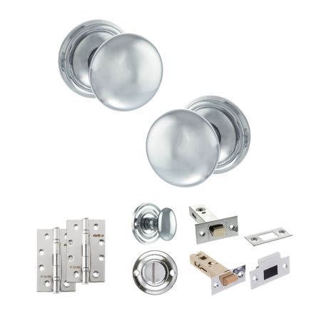 Old English Harrogate Door Knob Pack (Bathroom Set - 3" Deadbolt, 4" Slim Knuckle Hinges x2) - Polished Chrome