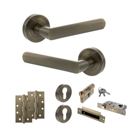 STATUS Carolina Door Handle Pack (Euro Lock Set - 2.5" CE Sashlock, 4" Slim Knuckle Hinges x2) - Antique Brass