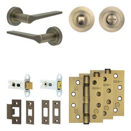 Complete Gio Door Handle Pack - Heavy Duty Tubular Bathroom (Standard Thumb Turn) - Antique Brass - 64mm / 4-inch Hinges - JE-E30A3-AB