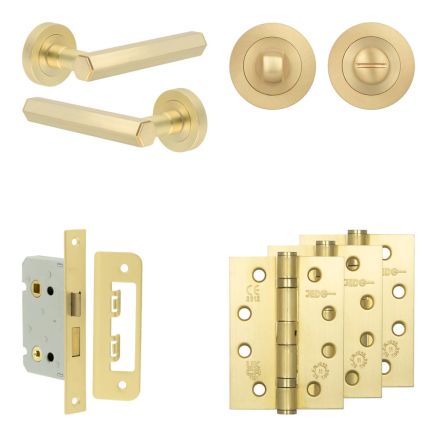 Complete Hex Door Handle Pack - Bathroom Lock (Standard Thumb Turn) - Satin Brass - 65mm / 4-inch Hinges - JE-C5A3-SB