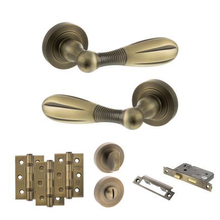Old English Cambridge Door Handle Pack (Bathroom Set - 2.5" CE Bathroom Lock, 3" Fire Rated Hinges x3) - Matt Antique Brass