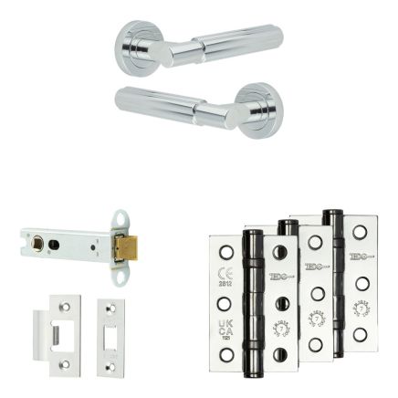 Complete Bloom Door Handle Pack - Heavy Duty Latch - Polished Chrome - 102mm / 3-inch Hinges - JE-B22B-PC