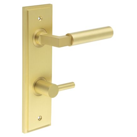 Westminster Door Handle Din Bathroom Backplate Satin Brass & Turn & Release - By Frelan Hardware - BUR-30SB-456SB-82SB