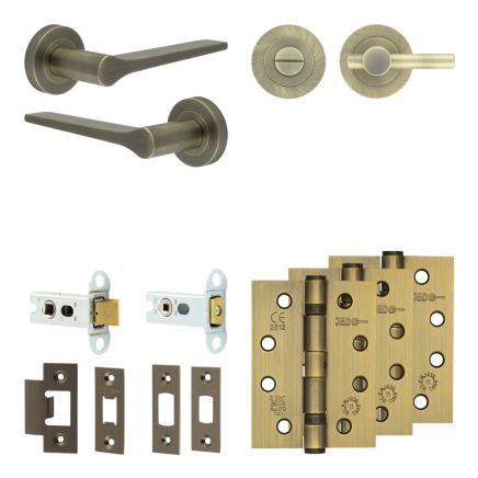 Complete Gio Door Handle Pack - Heavy Duty Tubular Bathroom (Plain Thumb Turn) - Antique Brass - 64mm / 4-inch Hinges - JE-E30A2-AB