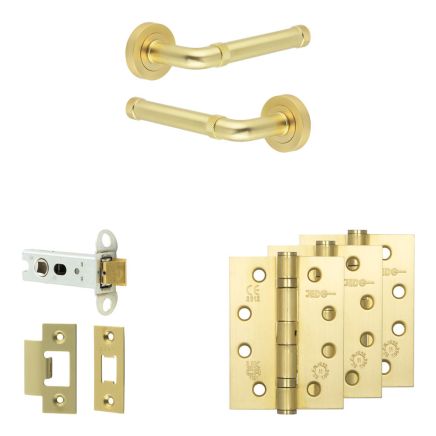 Complete Midtown Door Handle Pack - Heavy Duty Latch - Satin Brass - 76mm / 4-inch Hinges - JE-G21A-SB