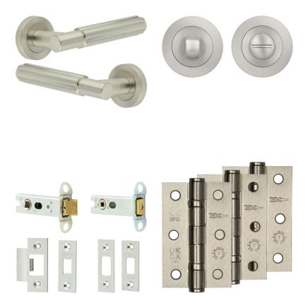 Complete Bloom Door Handle Pack - Heavy Duty Tubular Bathroom (Standard Thumb Turn) - Satin Nickel - 76mm / 3-inch Hinges - JE-B31B3-SN
