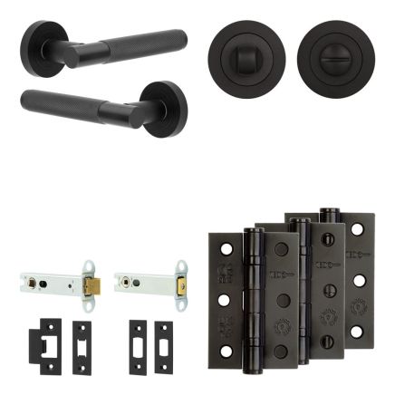 Complete Bari Door Handle Pack - Heavy Duty Tubular Bathroom (Standard Thumb Turn) - Matt Black - 102mm / 3-inch Hinges - JE-D32B3-MB