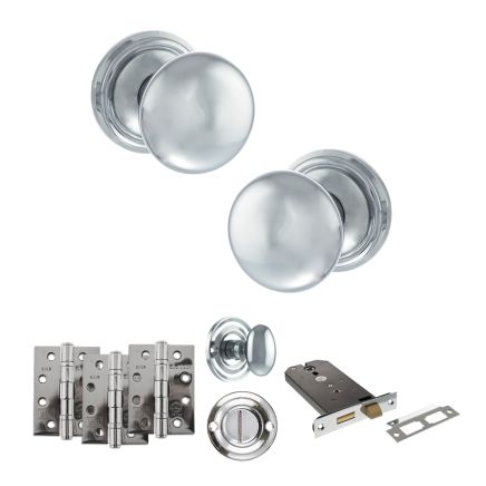Old English Harrogate Door Knob Pack (Lock Set - Horizontal Bathlock, 4" Fire Rated Hinges x3) - Polished Chrome
