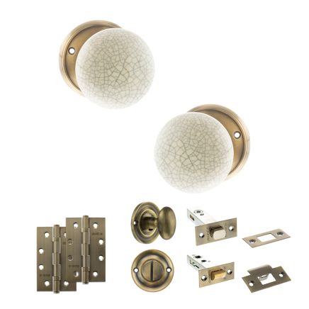 Old English Skipton Door Knob Pack (Bathroom Set - 4" Deadbolt, 4" Slim Knuckle Hinges x2) - Antique Brass