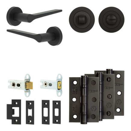 Complete Gio Door Handle Pack - Heavy Duty Tubular Bathroom (Standard Thumb Turn) - Matt Black - 64mm / 3-inch Hinges - JE-E30B3-MB