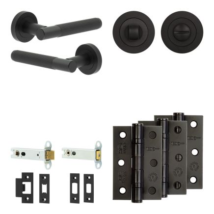 Complete Venice Door Handle Pack - Heavy Duty Tubular Bathroom (Standard Thumb Turn) - Matt Black - 102mm / 3-inch Hinges - JE-F32B3-MB