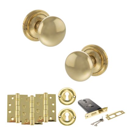 Old English Harrogate Door Knob Pack (Lock Set - Horizontal Sashlock, 4" Fire Rated Hinges x3) - Raw Brass