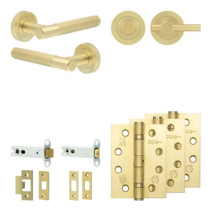 Complete Venice Door Handle Pack - Heavy Duty Tubular Bathroom (Plain Thumb Turn) - Satin Brass - 102mm / 4-inch Hinges - JE-F32A2-SB