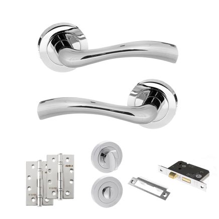 STATUS Texas Door Handle Pack (Bathroom Set - 3" CE Bathroom Lock, 4" Slim Knuckle Hinges x2) - Polished Chrome