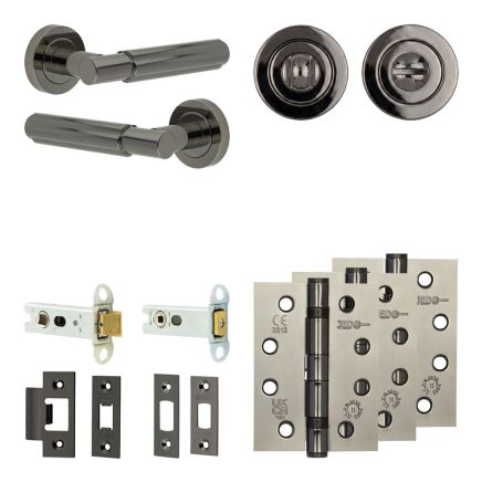 Complete Bloom Door Handle Pack - Heavy Duty Tubular Bathroom (Standard Thumb Turn) - Black Nickel - 76mm / 4-inch Hinges - JE-B31A3-BN