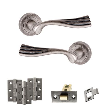 Old English Richmond Door Handle Pack (Latch Set - 2.5" CE Latch, 3" Fire Rated Hinges x3) - Distressed Silver