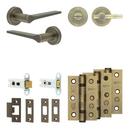Complete Gio Door Handle Pack - Heavy Duty Tubular Bathroom (Plain Thumb Turn) - Antique Brass - 64mm / 3-inch Hinges - JE-E30B2-AB