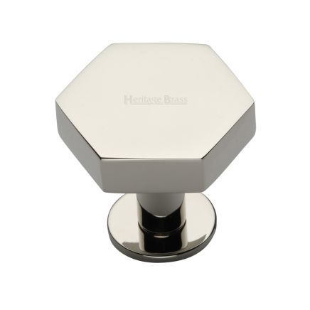 Heritage Brass Cabinet Knob Hexagon Design with Rose 38mm Polished Nickel finish