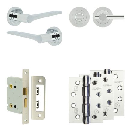 Complete Gio Door Handle Pack - Bathroom Lock (Plain Thumb Turn) - Polished Chrome - 76mm / 4-inch Hinges - JE-E6A2-PC