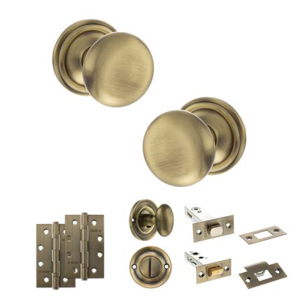 Old English Harrogate Door Knob Pack (Bathroom Set - 4" Deadbolt, 4" Slim Knuckle Hinges x2) - Antique Brass