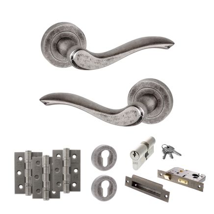 Old English Warwick Door Handle Pack (Euro Lock Set - 2.5" CE Sashlock, 3" Fire Rated Hinges x3) - Distressed Silver